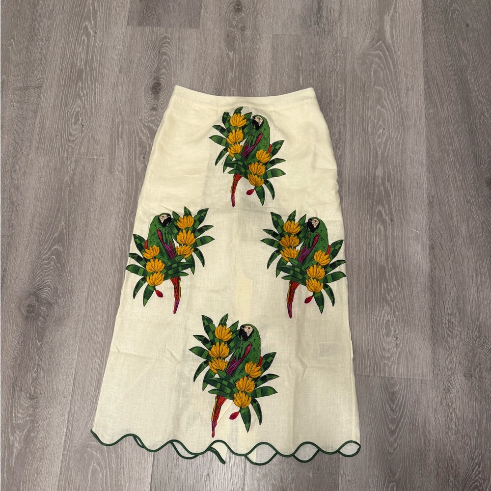 NWT Farm Rio Off-White Maracana Bird Premium Linen Midi Skirt - Size S